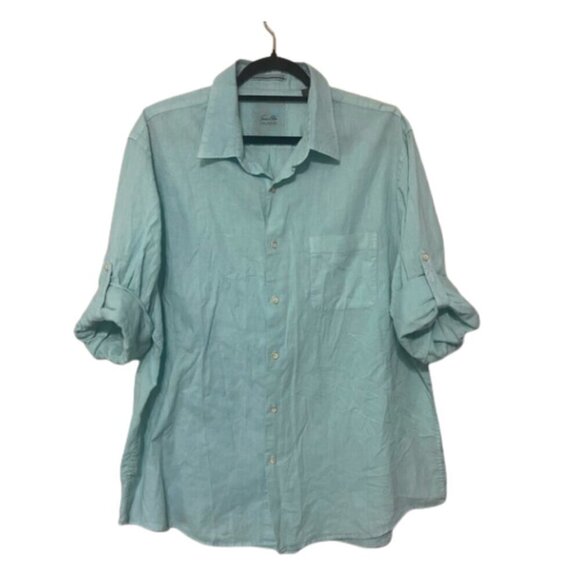 Tasso Elba men's XXL linen cotton roll tab sleeve relaxed fit pastel shirt EUC - Picture 1 of 6